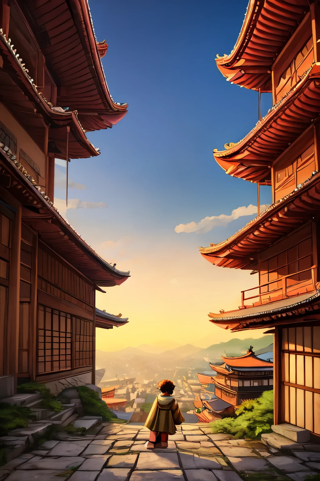 ((best quality)), ((masterpiece)), (detailed), a boy on top of a mountain loking over an old japenese city make it a little lofi