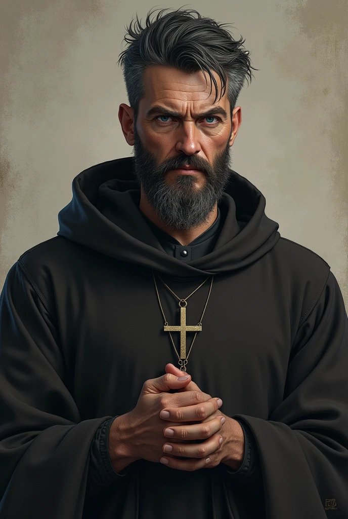 Man wearing priest outfit, his sleeves rolled up, a cross pendent in neck, his jaw line sharp, eyes blue, black hairs with a few gray hair in front.