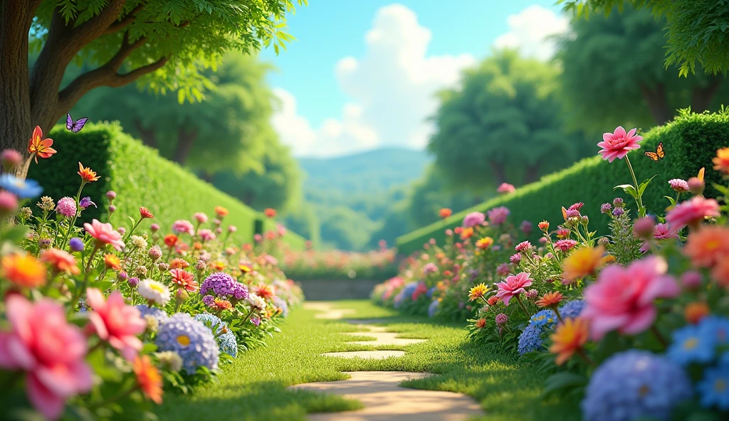 The surrounding garden with colorful flowers and greenery in the background.
3d animation ,disney and inspiration