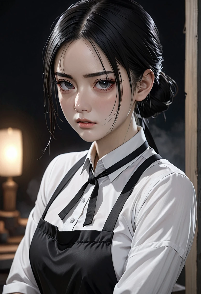((masterpiece, best quality)), (1 girl), (alone), (Female focus), night (chainsaw man),(The facial details are very rich, real image, Real white skin, realistic body, intricate details), Upper body, focus on face, black hair tied up, long hair, intimidating expression, black apron dress, shirt, neck strap, small breasts