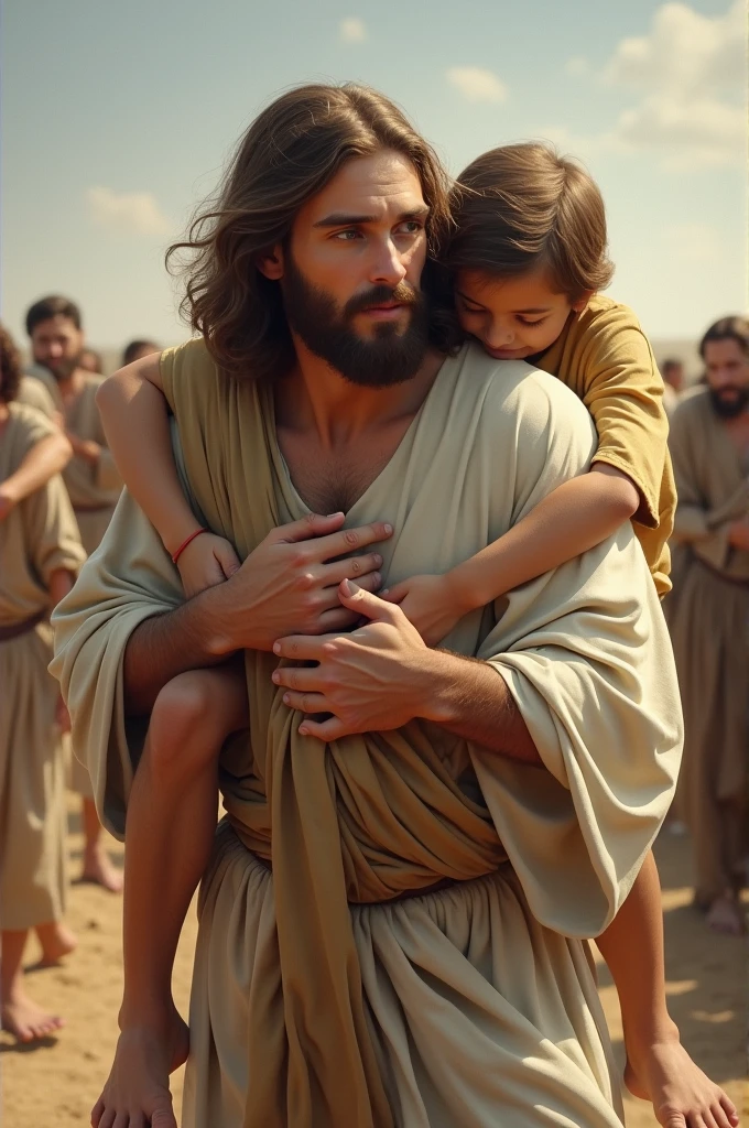 Jesus seen from outside looking at the camera from the front, holding a man on his back