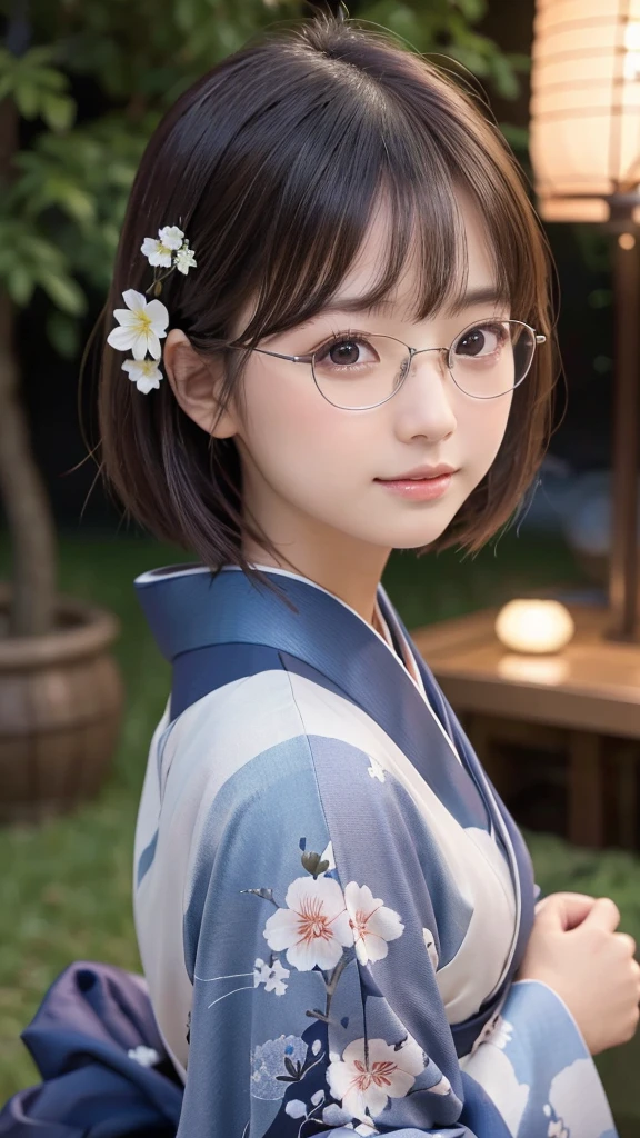 ((kimono:1.1)),(Highest quality,8K quality,masterpiece:1.3),(Ultra-high resolution,Photorealistic:1.4,RAW Photos),(Very delicate,Caustics,Detailed Background),(Ultra-Realistic Capture,Fine and beautiful skin,Perfect Anatomy), At night,Night Sky,Outdoor,1,cute,single eyelid,Dark brown short bob,Glasses on the head,Looking at the camera,Natural soft light