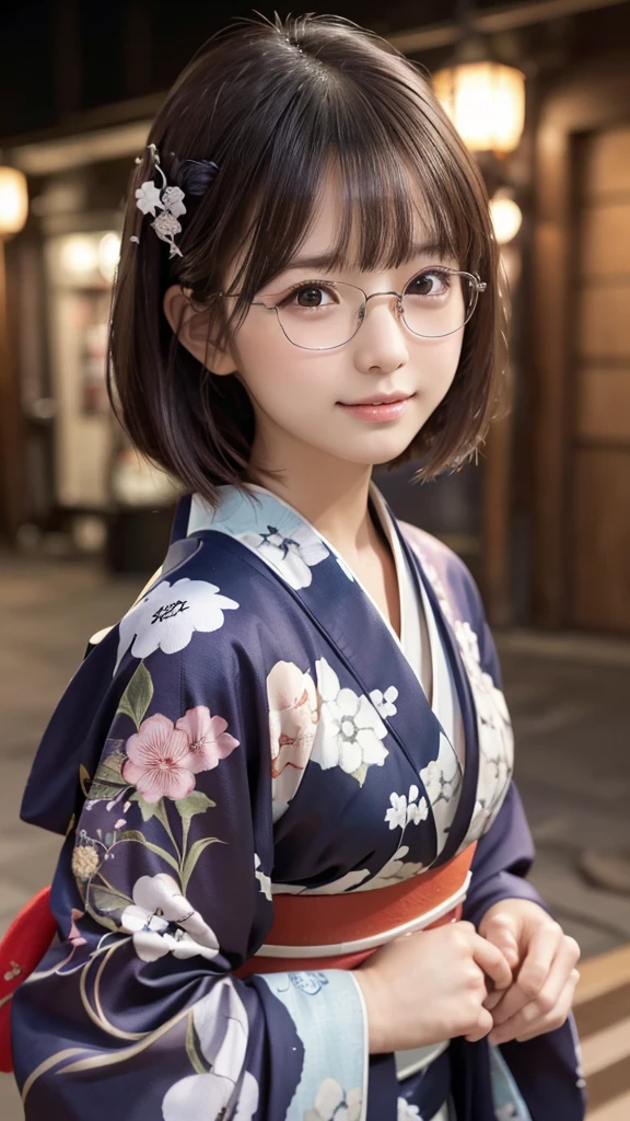 ((kimono:1.1)),(Highest quality,8K quality,masterpiece:1.3),(Ultra-high resolution,Photorealistic:1.4,RAW Photos),(Very delicate,Caustics,Detailed Background),(Ultra-Realistic Capture,Fine and beautiful skin,Perfect Anatomy), At night,Night Sky,Outdoor,1,cute,single eyelid,Dark brown short bob,Glasses on the head,Looking at the camera,Natural soft light