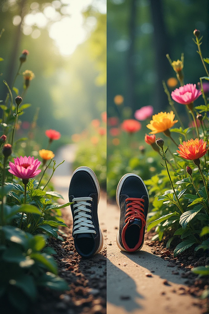 Give me a collage of two pictures in which
A pair of shoes walking along a path, each pair going in a different direction, or different flowers blooming in their own time.