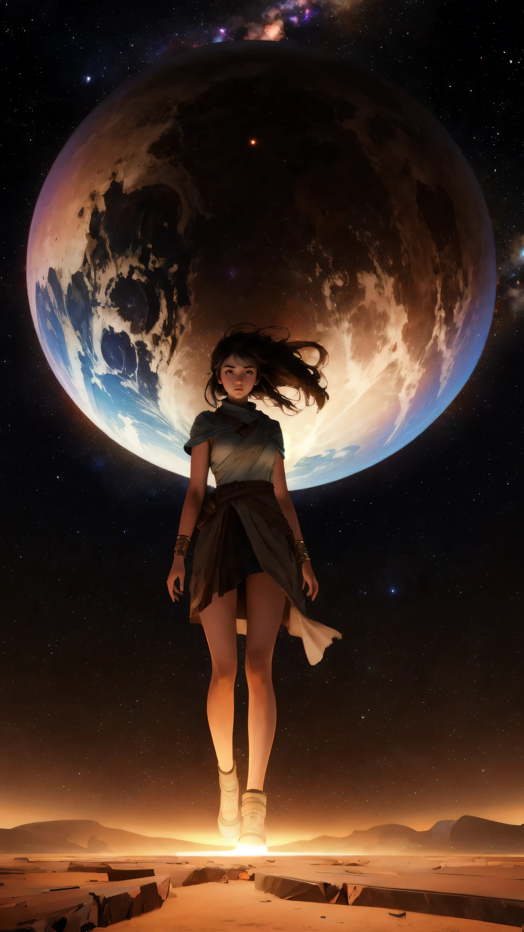Illustrate a massive, stone-formed girl standing in a desolate, cracked brown landscape, her figure exuding strength and endurance. The background is a surreal, brown-toned cosmic scene with distant planets and swirling galaxies, reinforcing the theme of 'Mt. Gox Survivors.' The girl is depicted as if she’s just risen from the ground, with chunks of earth still clinging to her, symbolizing her survival and strength amidst adversity.