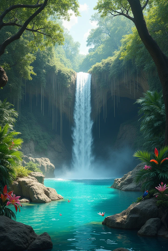 Peux-tu créer un monde paradisiaque avec une cascade, dune jungle, eau turquoise, format horizontal
