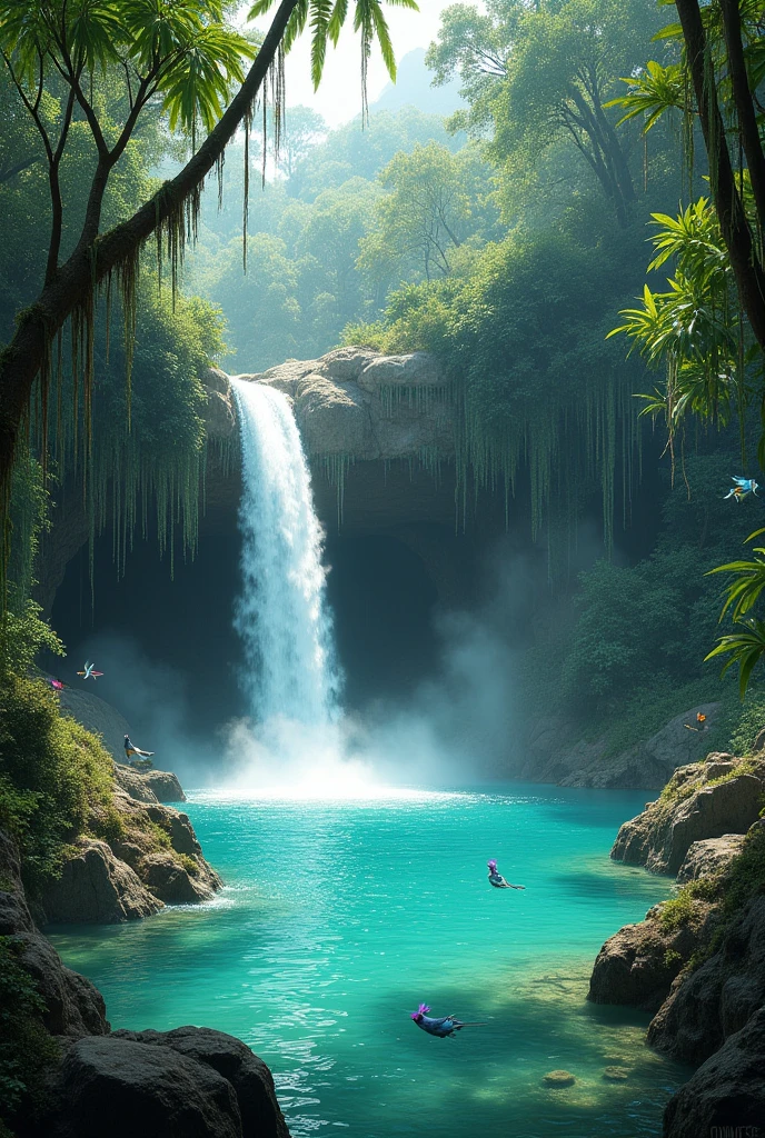 Peux-tu créer un monde paradisiaque avec une cascade, dune jungle, eau turquoise, format horizontal