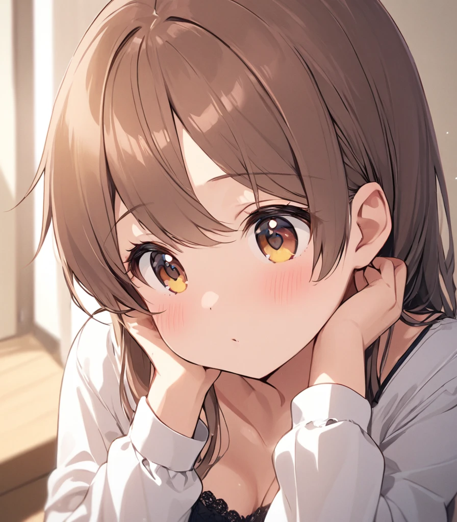 , cute, cute, Chest to head, I'm watching you, smile, Straight hair, Long Hair, Black Hair, Are standing, (Leaning forward:1.2), Bend, (Put your arms behind your back:1.2), straighten your elbows, Bedroom, night, Bra Top