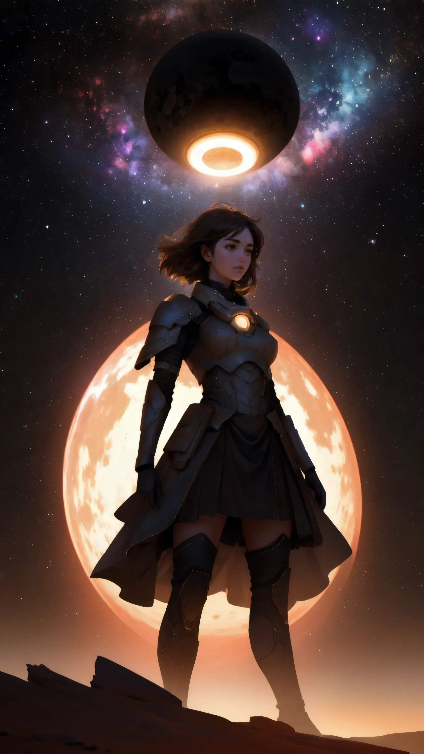 Illustrate a massive, stone-formed girl standing in a desolate, cracked brown landscape, her figure exuding strength and endurance. The background is a surreal, brown-toned cosmic scene with distant planets and swirling galaxies, reinforcing the theme of 'Mt. Gox Survivors.' The girl is depicted as if she’s just risen from the ground, with chunks of earth still clinging to her, symbolizing her survival and strength amidst adversity.