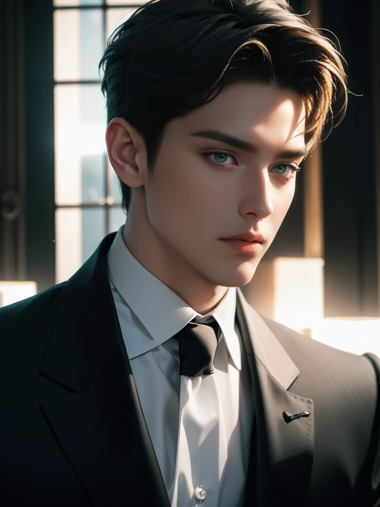 ((masterpiece)), ((best quality:1.2)), high resolution, 8k, (ultra_realistic:1.3), (photorealistic:1.4), (absurdres), sharp focus, highly detailed, (high quality), (masterpiece), handsome man, 25 year-old. Korean, 2,
 normosthenic, black suit, green eyes, muscular, full body, dark light, front light, rim light. Mafia boss aesthetic. Rich billionaire boyfriend.
