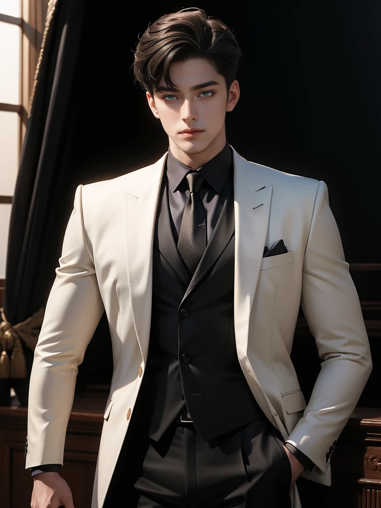 ((masterpiece)), ((best quality:1.2)), high resolution, 8k, (ultra_realistic:1.3), (photorealistic:1.4), (absurdres), sharp focus, highly detailed, (high quality), (masterpiece), handsome man, 25 year-old. Korean, 2,
 normosthenic, black suit, green eyes, muscular, full body, dark light, front light, rim light. Mafia boss aesthetic. Rich billionaire boyfriend.
