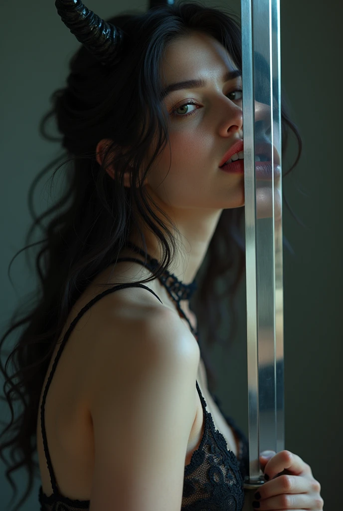 Reflection of a beautiful SUCUMBUS girl in lingerie in a sword blade