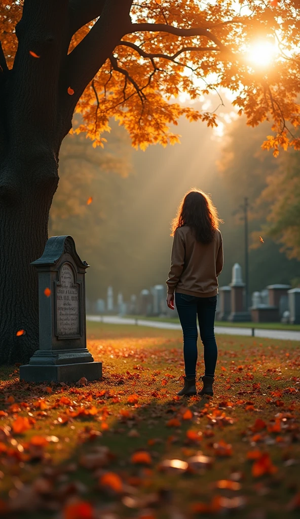 A quiet, reflective scene in a beautiful cemetery or park during autumn, with a person standing contemplatively next to an old tombstone. The scene should have falling leaves, a warm glow from the setting sun, and an atmosphere of peaceful reflection, signifying the appreciation of life's fleeting moments.