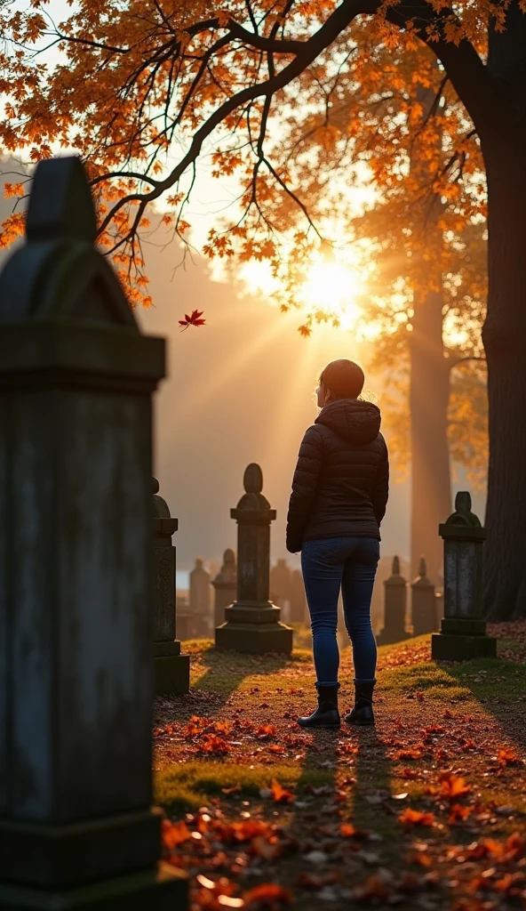 A quiet, reflective scene in a beautiful cemetery or park during autumn, with a person standing contemplatively next to an old tombstone. The scene should have falling leaves, a warm glow from the setting sun, and an atmosphere of peaceful reflection, signifying the appreciation of life's fleeting moments.