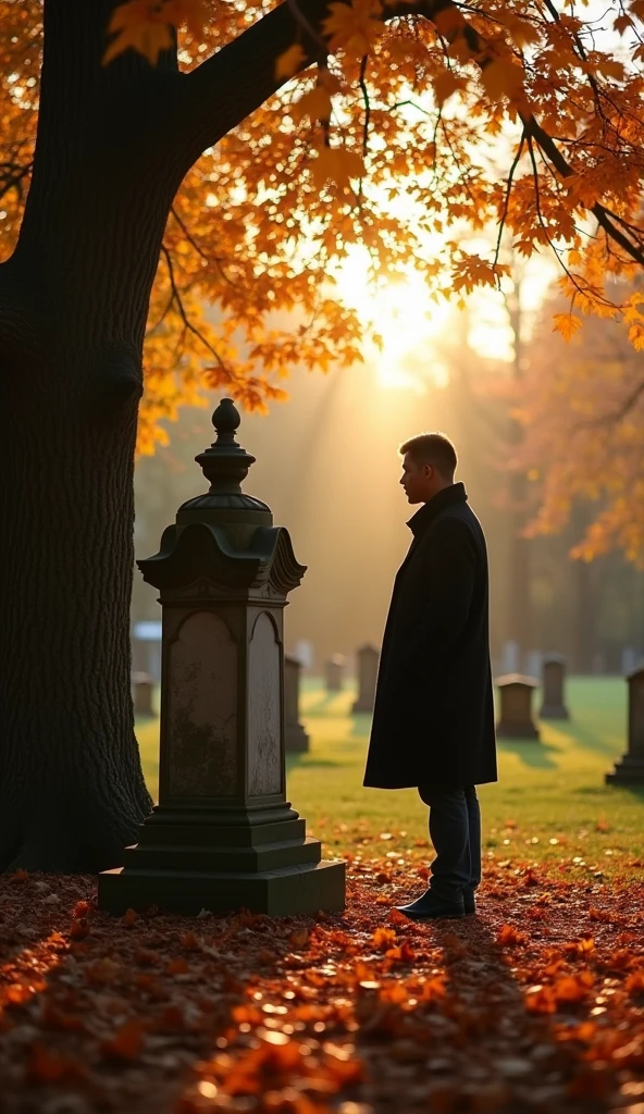 A quiet, reflective scene in a beautiful cemetery or park during autumn, with a person standing contemplatively next to an old tombstone. The scene should have falling leaves, a warm glow from the setting sun, and an atmosphere of peaceful reflection, signifying the appreciation of life's fleeting moments.