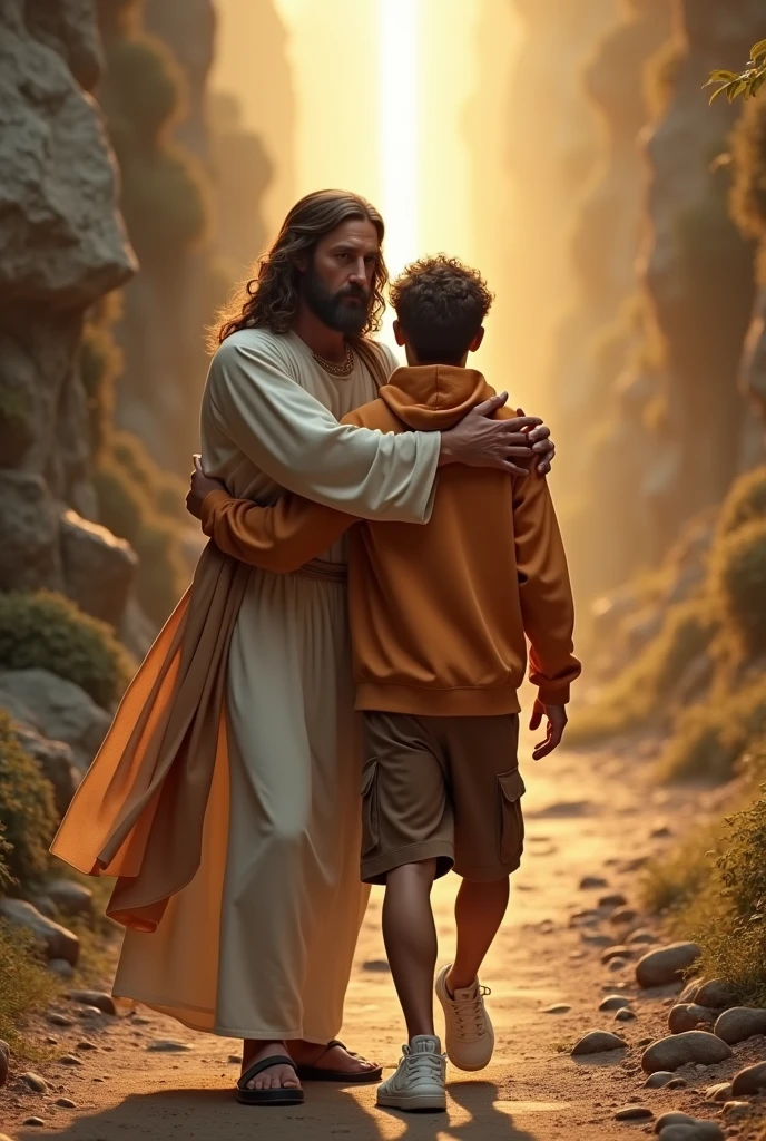 You could create Jesus Christ from behind hugging a young man with curly hair, with a brown sand colored cap, an orange jacket with a hood , A brown Bermuda shorts and white Nike for Wan shoes Looking at a path with many obstacles that at the end has a very radiant Light The young man without a beard and a little shorter than Jesus Christ
