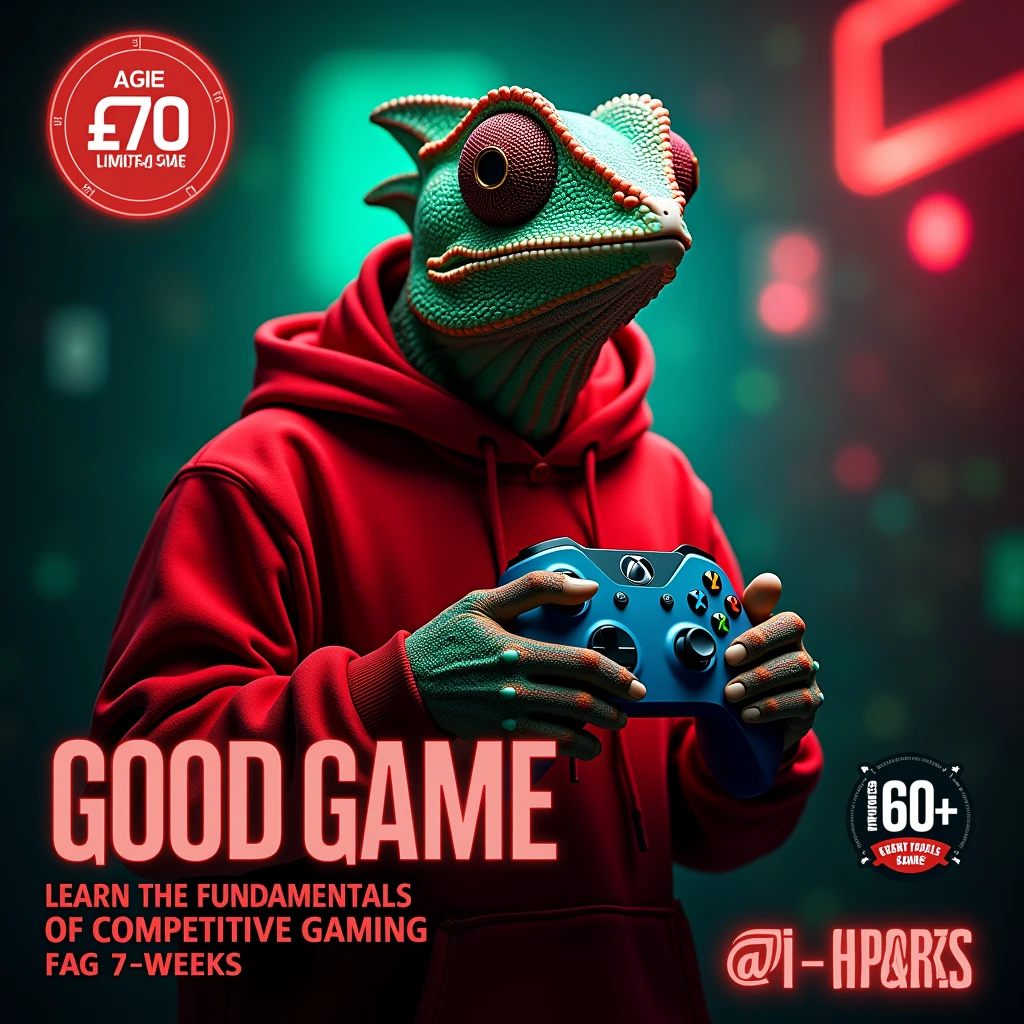 An advert for the GOOD GAME ESPORTS CLUB featuring a chameleon wearing a red hoodie holding an xbox controller. the colours should be black red and green the background should be vibrant and dynamic and text should include "GOOD GAME ESPORTS CLUB" "Ages 10+" "£70" "Limited availablity" "Learn the fundamentals of competitive gaming in just 7-weeks" 
