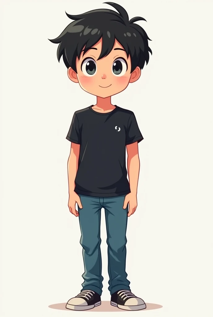 Create a image of a school boy  with average height wearing black tshirt and blue jeans in 2d anime style 
