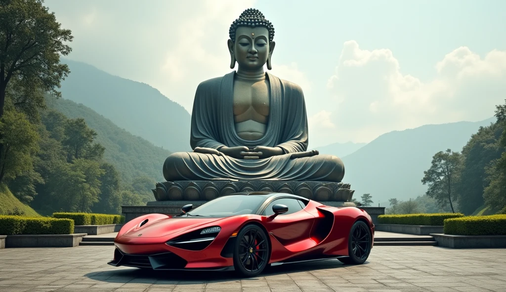 there is a metallic red sports car at the base of massive Buddha statue 