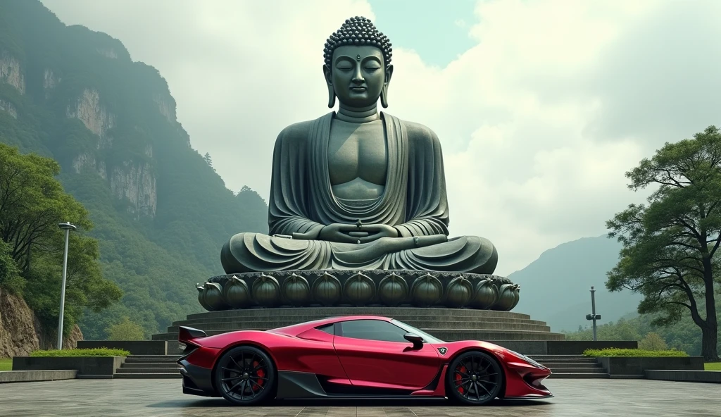 there is a metallic pink sports car at the base of massive Buddha statue, car's wheels are made from fire Buddhist temple background