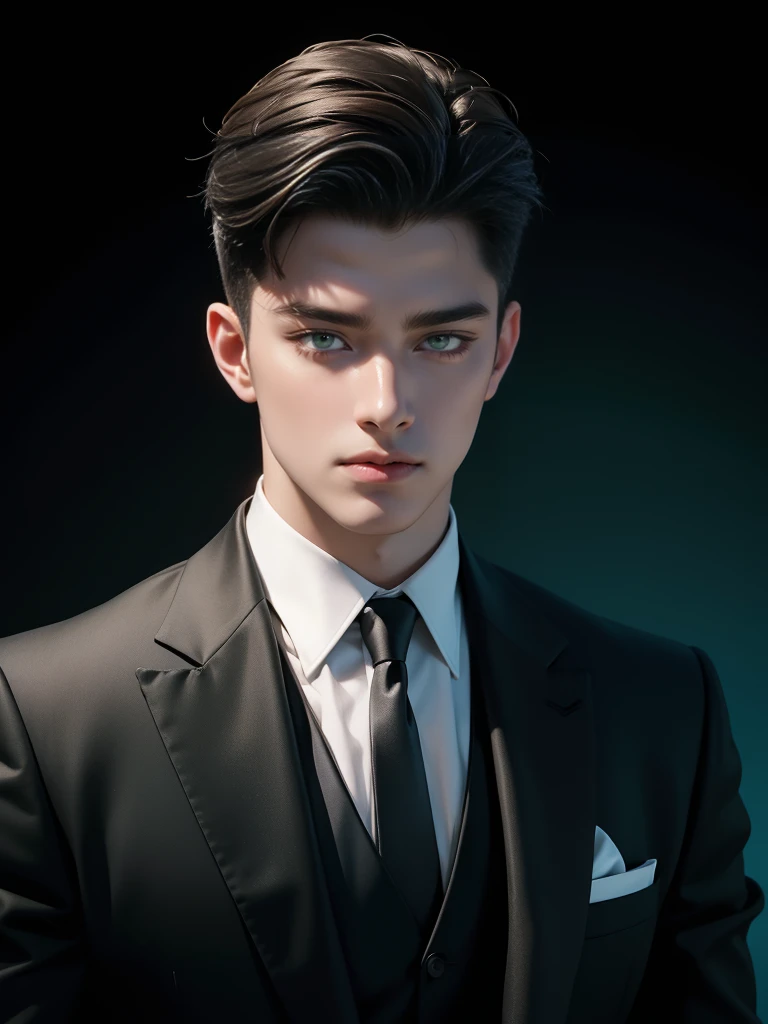 ((masterpiece)), ((best quality:1.2)), high resolution, 8k, (ultra_realistic:1.3), (photorealistic:1.4), (absurdres), sharp focus, highly detailed, (high quality), (masterpiece), handsome man, 25 year-old. Korean, 2,
 normosthenic, black suit, green eyes, muscular, full body, dark light, front light, rim light. Mafia boss aesthetic. Rich billionaire boyfriend.