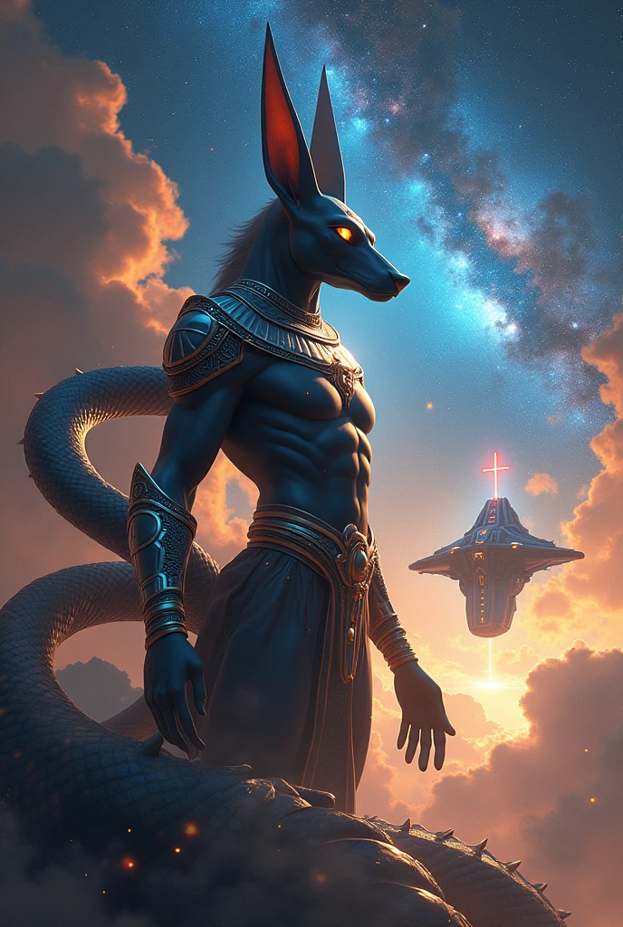 Anubis, dragon serpent, colorful star field, laser Cross on space ship