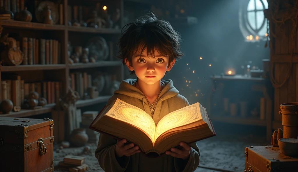 Attic with old books and dusty items. Milio holds an open, ancient book with a glowing map showing a path leading to the stars.