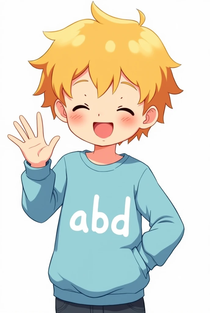Make me a boy who looks like in anime, he has blonde curls and the background is white, he smiles with his eyes closed and waves, the background should also be white and he has a light blue sweater with ABD written on it in white letters and take away the pink from his cheeks