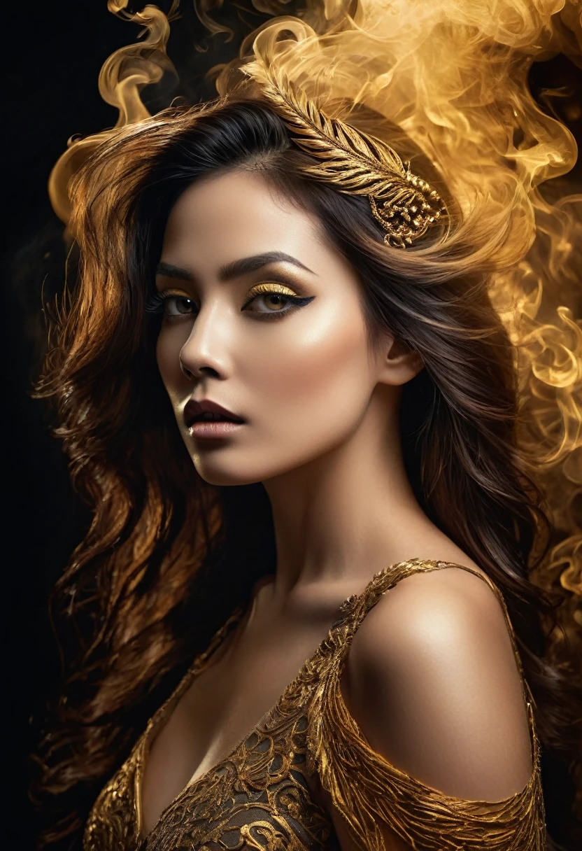 A majestic work of art, a woman, intricately detailed, with an intense, piercing gaze emanating from her singular, striking eye, set against a backdrop of ethereal, swirling golden smoke that appears to shift and undulate as if alive, illuminated by a cinematic lighting scheme that casts dramatic, high-contrast shadows and highlights, evoking a sense of mystery and the otherworldly, with each element expertly rendered in exquisite, high-definition detail, exuding a sense of artistic mastery and visual sophistication.