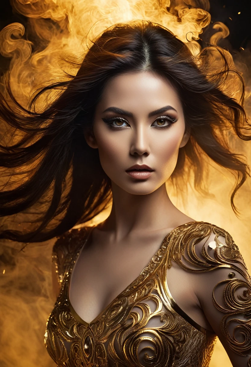 A majestic work of art, a woman, intricately detailed, with an intense, piercing gaze emanating from her singular, striking eye, set against a backdrop of ethereal, swirling golden smoke that appears to shift and undulate as if alive, illuminated by a cinematic lighting scheme that casts dramatic, high-contrast shadows and highlights, evoking a sense of mystery and the otherworldly, with each element expertly rendered in exquisite, high-definition detail, exuding a sense of artistic mastery and visual sophistication.
