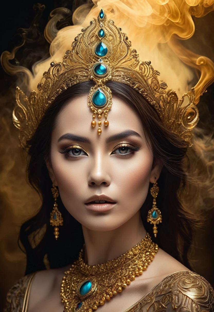 A majestic work of art, a woman, intricately detailed, with an intense, piercing gaze emanating from her singular, striking eye, set against a backdrop of ethereal, swirling golden smoke that appears to shift and undulate as if alive, illuminated by a cinematic lighting scheme that casts dramatic, high-contrast shadows and highlights, evoking a sense of mystery and the otherworldly, with each element expertly rendered in exquisite, high-definition detail, exuding a sense of artistic mastery and visual sophistication.