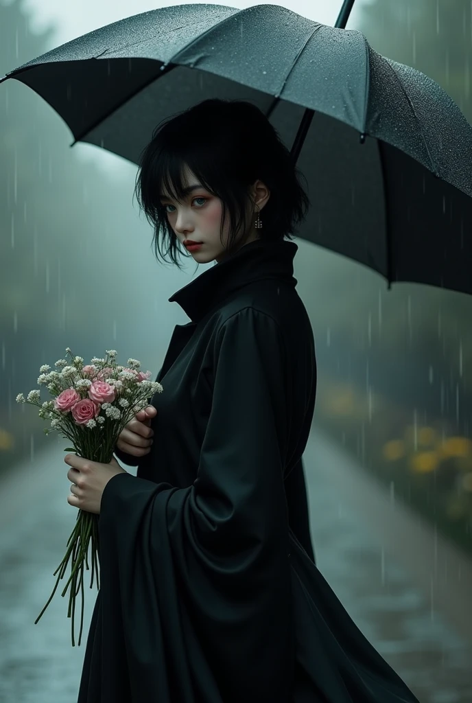 A sexy male, long black hair, teal blue eyes, delicate features, white and pale skin. At funeral, full black clothes, raining, holding an umbrella, holding flowers. Looking down. ((((Gloomy)))) (masterpiece) (ultra-detailed precision)) (pretty drawn) (pretty drawn face) (despair) (sadness)