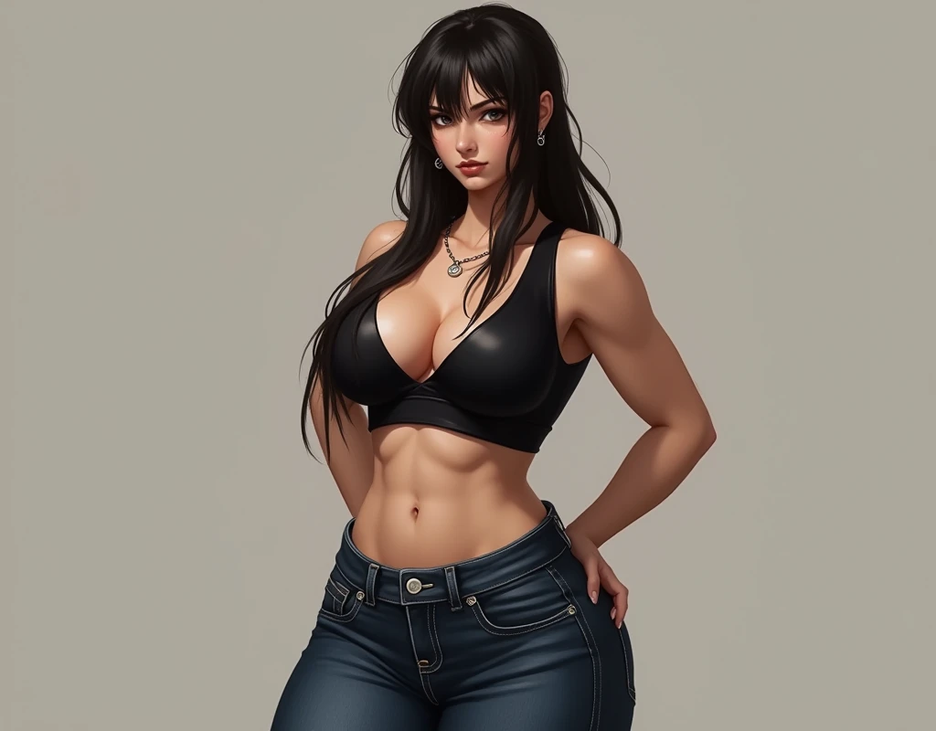 there is a woman in a black top and jeans posing, sexy pose, thicc, tifa lockhart, tifa, full body xianxia, casual pose, attractive pose, hands behind her body pose!, very sexy pose, seductive tifa lockhart portrait, most strongest pose, hands behind her pose!, tifa lockheart, sexy dominant pose, very sexy outfit, laid on ground , white skin colour