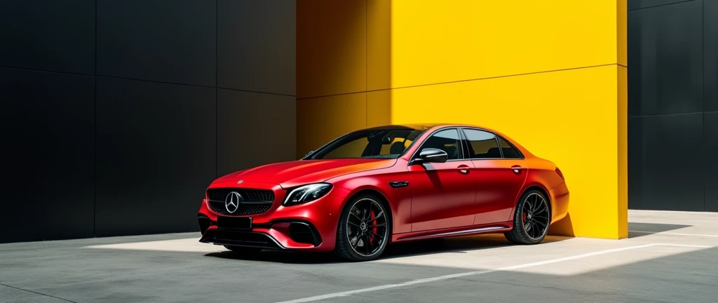 a large-format professional photo where a red Mercedes E63 AMG car stands in one corner and there is nothing in the other, on a black and yellow background
