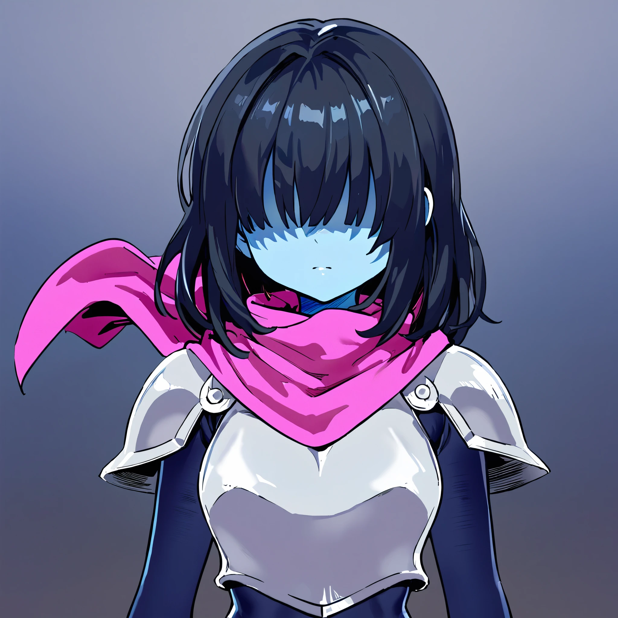 (darkkris, 1girl, solo, cowboy shot, portrait, upper body), blue skin, black bodysuit, (breasts:0.1, white breastplate, shoulder armor), pink scarf:0.3, (medium hair, black hair, shaded face, hair over eyes, no eyes)