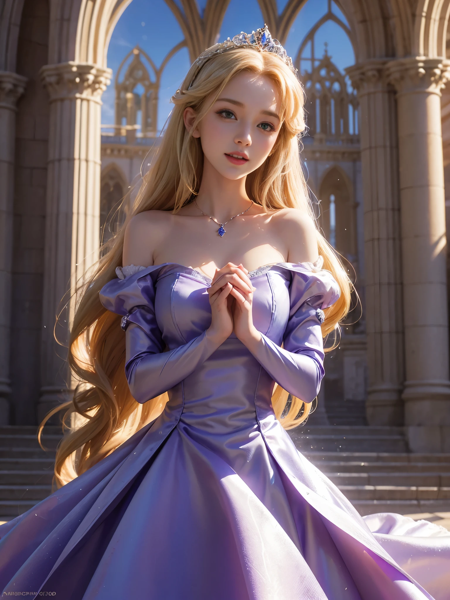best quality, masterpiece, 1 girl, A huge laugh, cute teen, long blonde hair, shiny lips, sweet, sun glare, Conservative attire, Disney Princess Rapunzel, Purple dress, Bridal Tiara, depth of field, blurred background, Cathedral Background, light particles, strong wind, head tilt