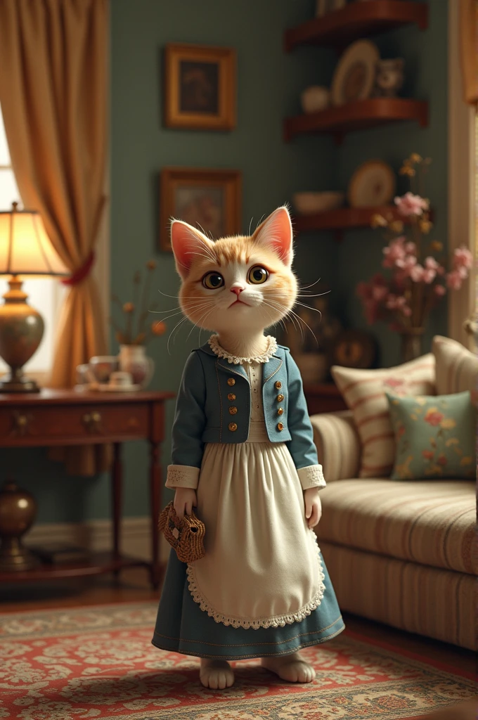 There is a house inside which there is full furniture, the house is very beautiful, there is a cat who is a housewife, she wears beautiful dresses like women but she is a cat