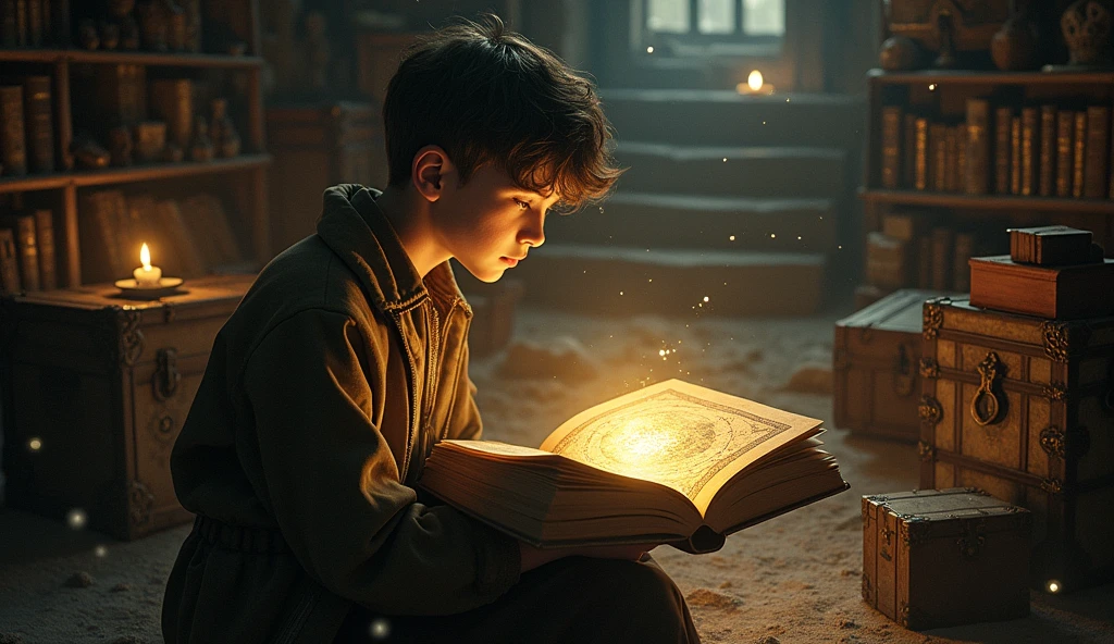 Attic with old books and dusty items. Milio holds an open, ancient book with a glowing map showing a path leading to the stars.