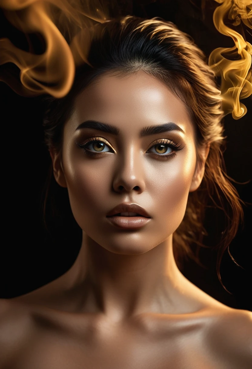 A majestic work of art, a woman, intricately detailed, with an intense, piercing gaze emanating from her singular, striking eye, set against a backdrop of ethereal, swirling golden smoke that appears to shift and undulate as if alive, illuminated by a cinematic lighting scheme that casts dramatic, high-contrast shadows and highlights, evoking a sense of mystery and the otherworldly, with each element expertly rendered in exquisite, high-definition detail, exuding a sense of artistic mastery and visual sophistication.