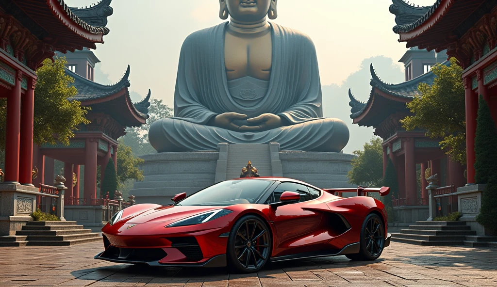 CHINESE mansion façade with super car in front, carro de cor vermelha, Front view, paisagem, background with blue sky, background with trees, highes definition, foto premiada, hdr --auto