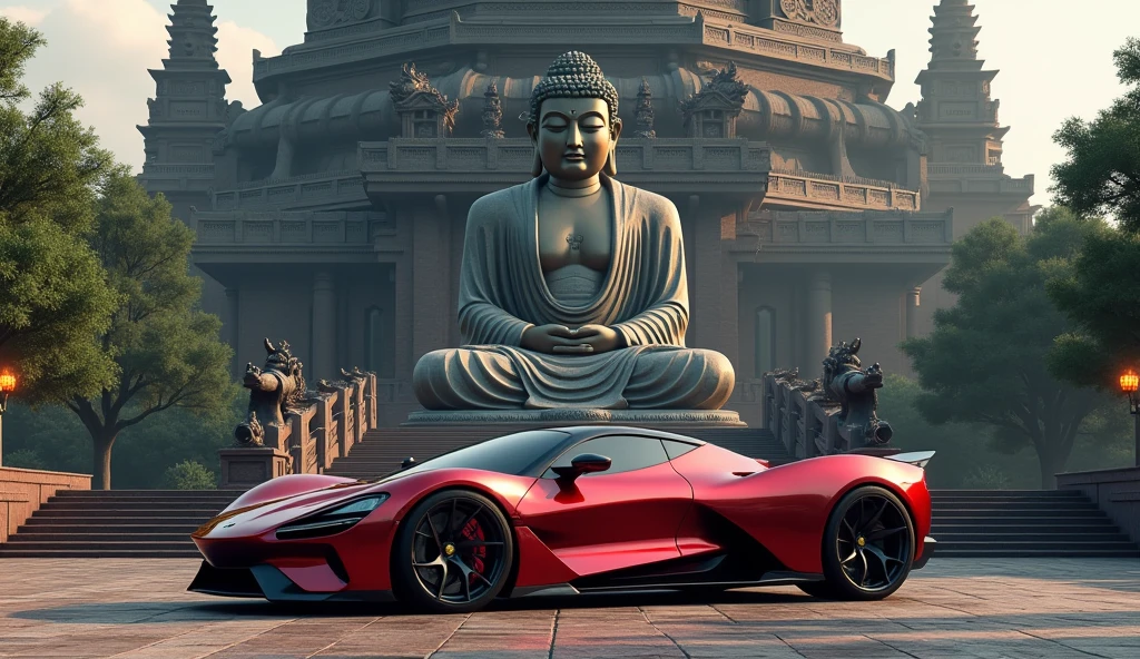 there is a metallic red sports car at the base of massive Buddha statue, Buddhist temple background