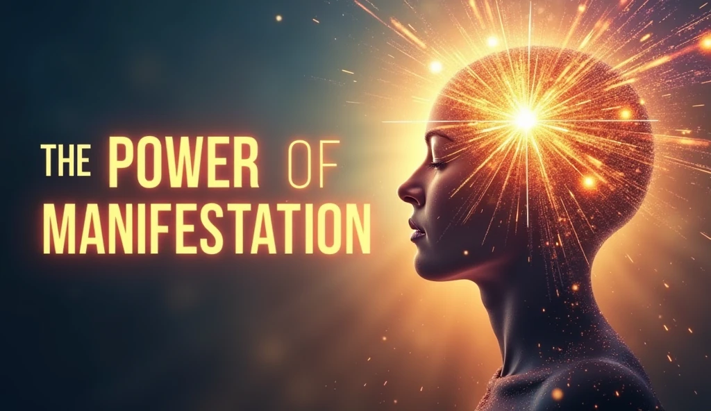 Create a YouTube thumbnail with the title "The Power of Manifestation" in large, bold, and vibrant font. The word "Manifestation" should be particularly emphasized with a glowing or gradient effect to make it stand out. The background should feature an image of a mind or head with a radiant light or aura emanating from it, symbolizing thoughts or energy. The overall color scheme should be uplifting and inspiring, using shades of gold, blue, and purple. Include subtle symbols of success, such as a path leading upwards or ascending light beams, to visually suggest the concept of manifestations. Take the image in right side and the fonts of the power of manifestation in left side adjusting make it stand out