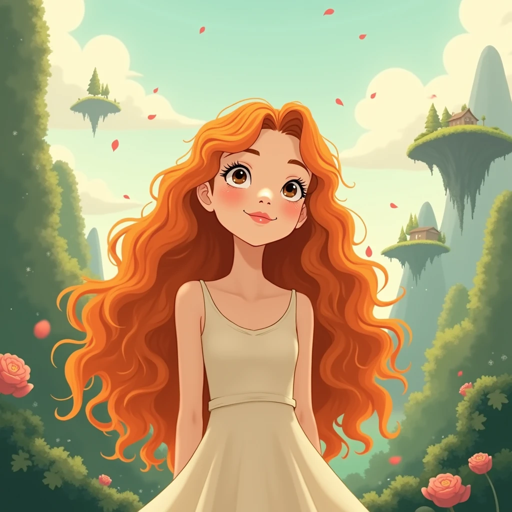 Two-dimensional animated design of a beautiful girl with curly orange hair in a fantasy world