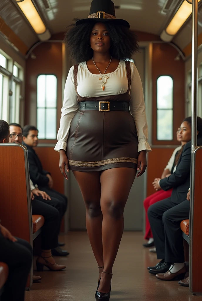 Hot cute fit tall thin African American black female. With fluffy hair. Massive xxl round breasts. Wearing a thin pligrim top hat. Wearing a white and black and brown pilgrim dress outfit. With pantyhose. Wearing pilgrim heels. Standing in the back of a train alone