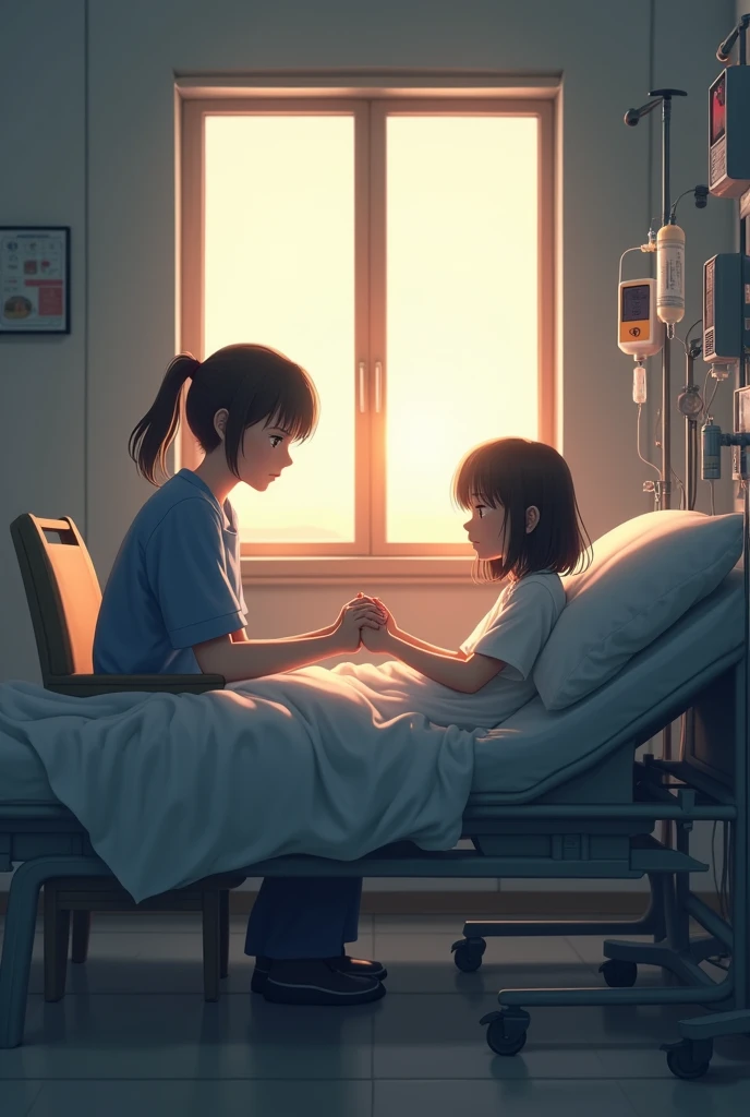 Make a picture, A junior high school student is sitting on a chair holding the hand of an elementary school girl in bed on an IV drip. The background is a white-walled room., the bed was next to the window and the time was dusk.