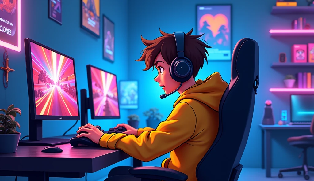 
"A catoon  wearing a bright yellow hoodie is sitting at a modern gaming setup. He’s at a sleek black desk with multiple monitors displaying vibrant game screens. The background features a high-tech gaming studio with neon lights, posters of popular games, and shelves filled with gaming gear and collectibles. The boy's face shows concentration and excitement as he’s deeply engaged in a game, with a headset resting around his neck and a controller in his hands. The entire scene is bathed in a cool blue and purple light, creating an immersive gaming atmosphere."
