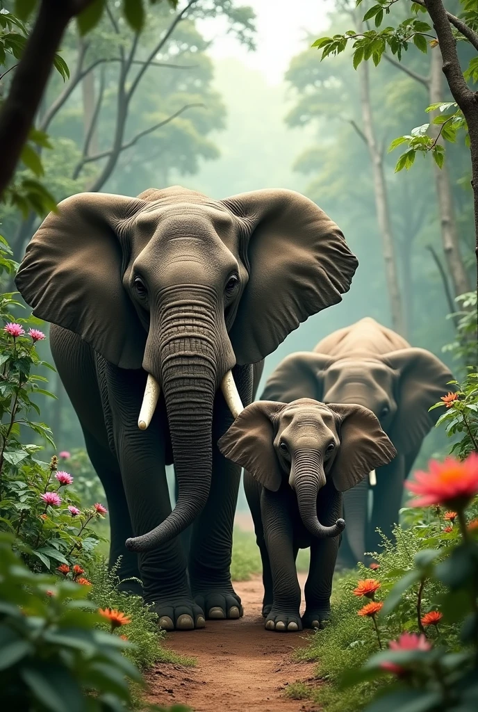 high quality, 50K Ultra HD, A beautiful wildlife animals elephant with jungle ,a group of elephant and baby , plants , nature
Title _ photo written 8k wildlife animal