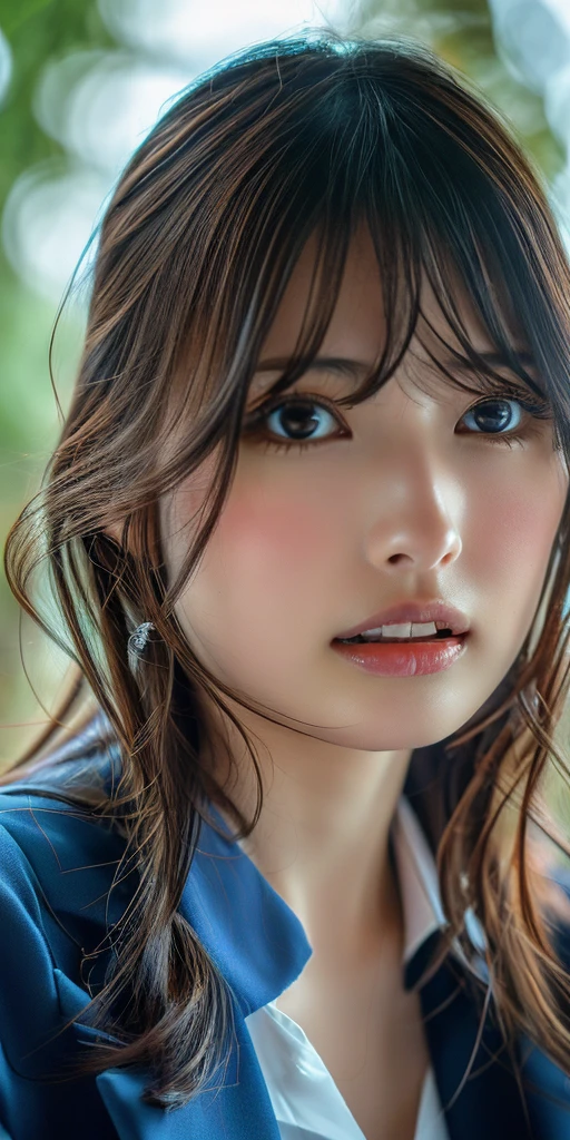 (Surreal), (Awareness-raising), (High resolution), (8k), (Very detailed), (The best Awareness-raisingns), (Beautiful fine brown eyes), (Highest quality), (Ultra-detailed), (masterpiece), (wallpaper), (Detailed face), Droopy eyes,Sweaty, Full body to toes, Long legs,Underarm,ponytail,Colored inside,alone, ((非常にhugeで卑猥な顔より大きな胸)), Cleavage, Japanese, huge 、Laughter, Wearing a blue blazer, Short skirt, office uniform, office