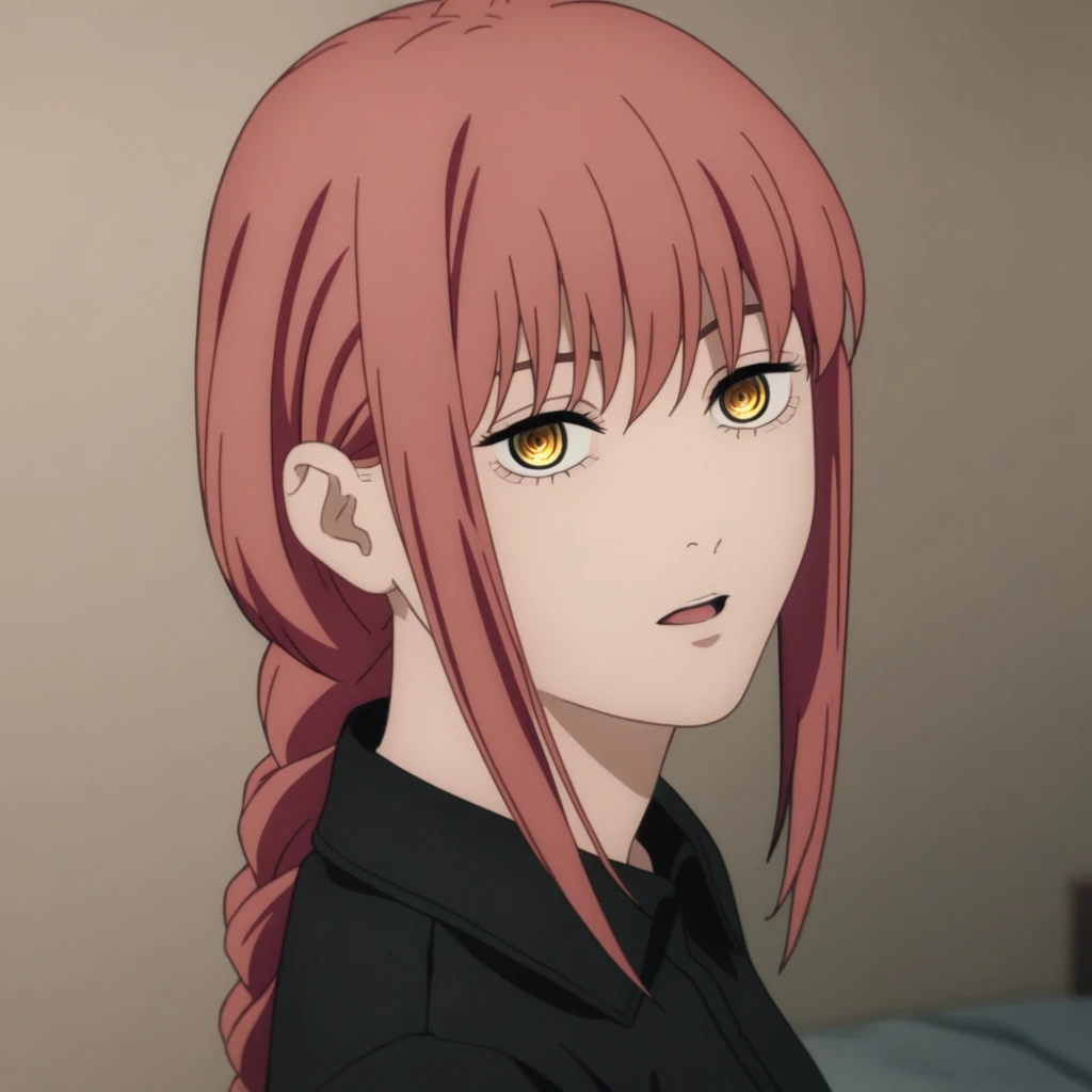 source_anime,
Makima, long hair,  Braided Ponytail ,red hair, detailed gold eyes, hair between eyes,(( perfect eyes )), Perfect face, expressive eyes, close up face,
((undress black shirt)),bra ,pants,
indoors, bed, realistic bed room, kneeling, 
cowboy shot, looking at viewer, solo, dutch angle, [medium breast], open mouth,