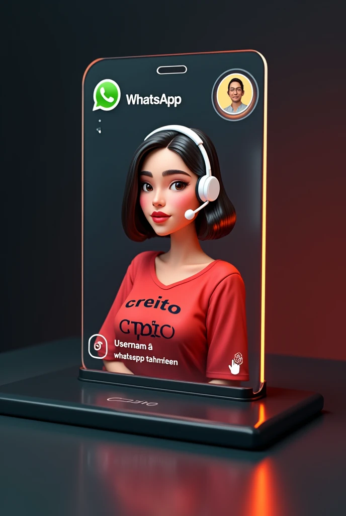 Create a glass id card of a WhatsApp profile placed on a black desk, that shows the large WhatsApp logo, create a 3D illustration of a latina woman with short hair, You must wear a red blouse with the phrase CREDITO printed in black and a white headset. The girl's photo in a circle icon with the name of the social network user WhatsApp tahreem in black below the profile photo and 99 written messages, WhatsApp card glows red and yellow on the edge. In one corner is the one held with two fingers.
